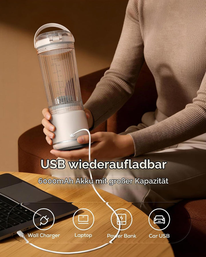 Sangcon Tragbarer Mixer 500ml, Smoothie Maker USB Wiederaufladbar, Mini Standmixer für Fitness, Büro