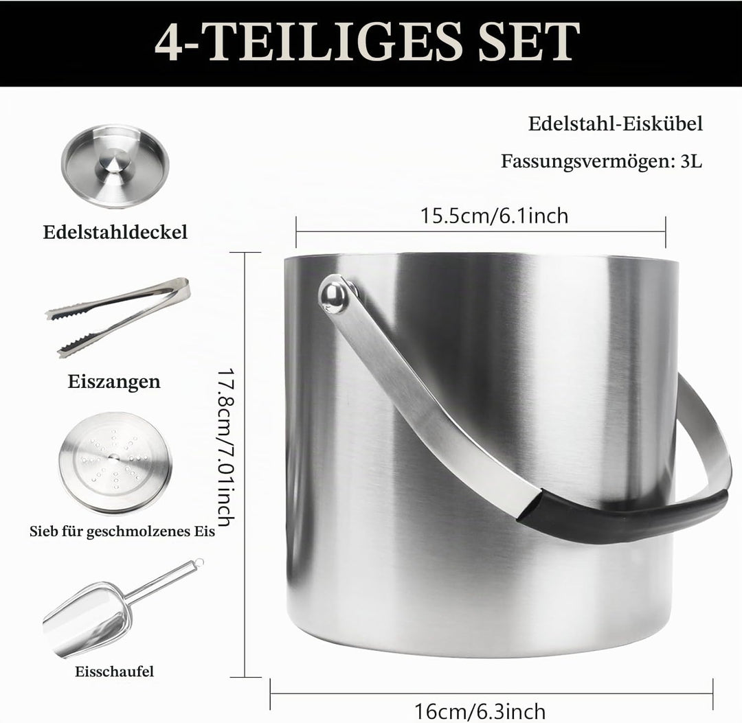 3L Eiswürfelbehälter mit Deckel Sektkühler Flaschenkühler Champagner Kühler Doppelwandiger Eiskübel