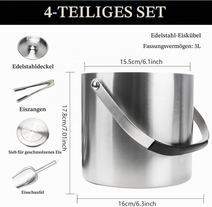3L Eiswürfelbehälter mit Deckel Sektkühler Flaschenkühler Champagner Kühler Doppelwandiger Eiskübel