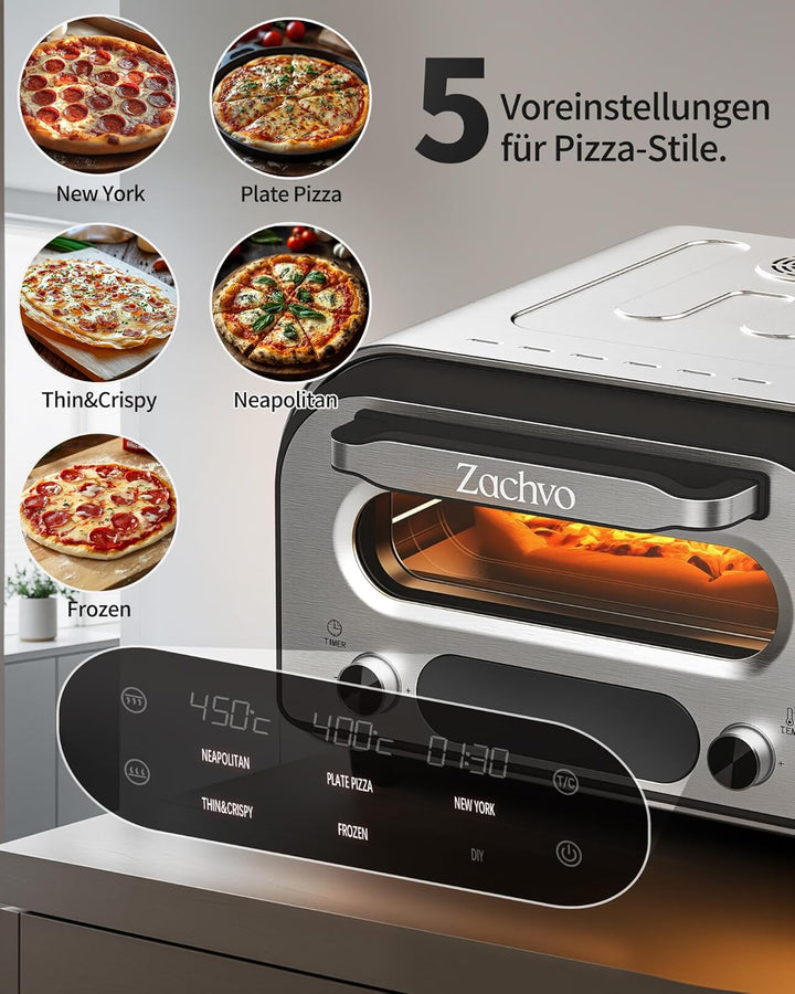 Elektrischer Pizzaofen - bis 450℃, 5 voreingestellte Pizzaarten, 1-60 Min Timer, Touchscreen & Drehr