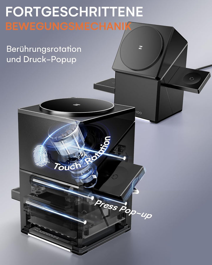 ZEEHOO Wireless Charging Station, CubeTrick-X Qi2 15W Schnellladung, kabellose Ladestation 3 in 1 mi