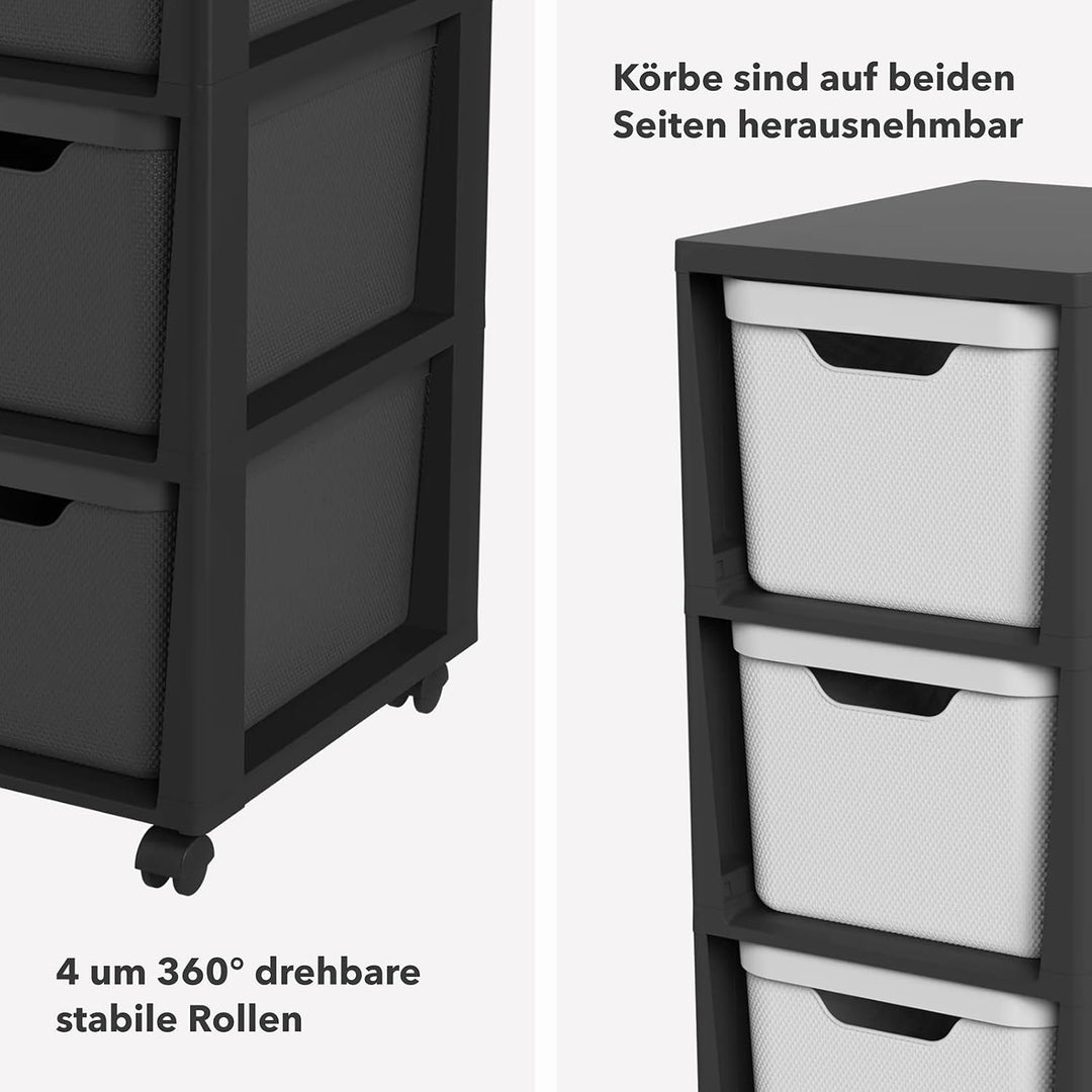 Jive Rotho Tower black Rollcontainer mit 3 Schubladen, Kunststoff (PP) BPA-frei, schwarz, 3 x 16l (3