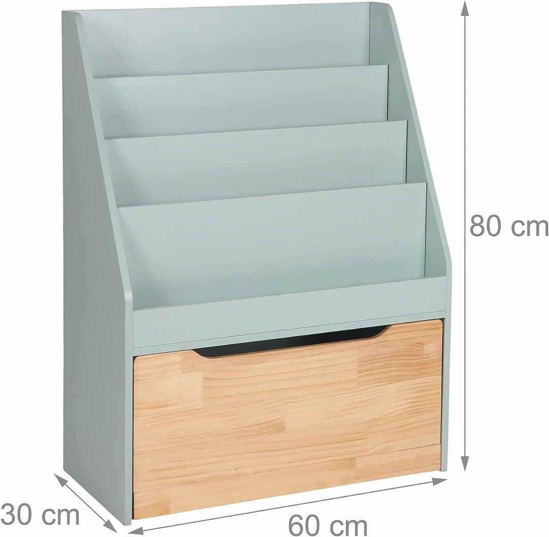 Relaxdays Bücherregal Kinder, HxBxT: 80x60x30 cm, 4 Bücherfächer, Spielzeugkiste mit Rollen, Kinderr