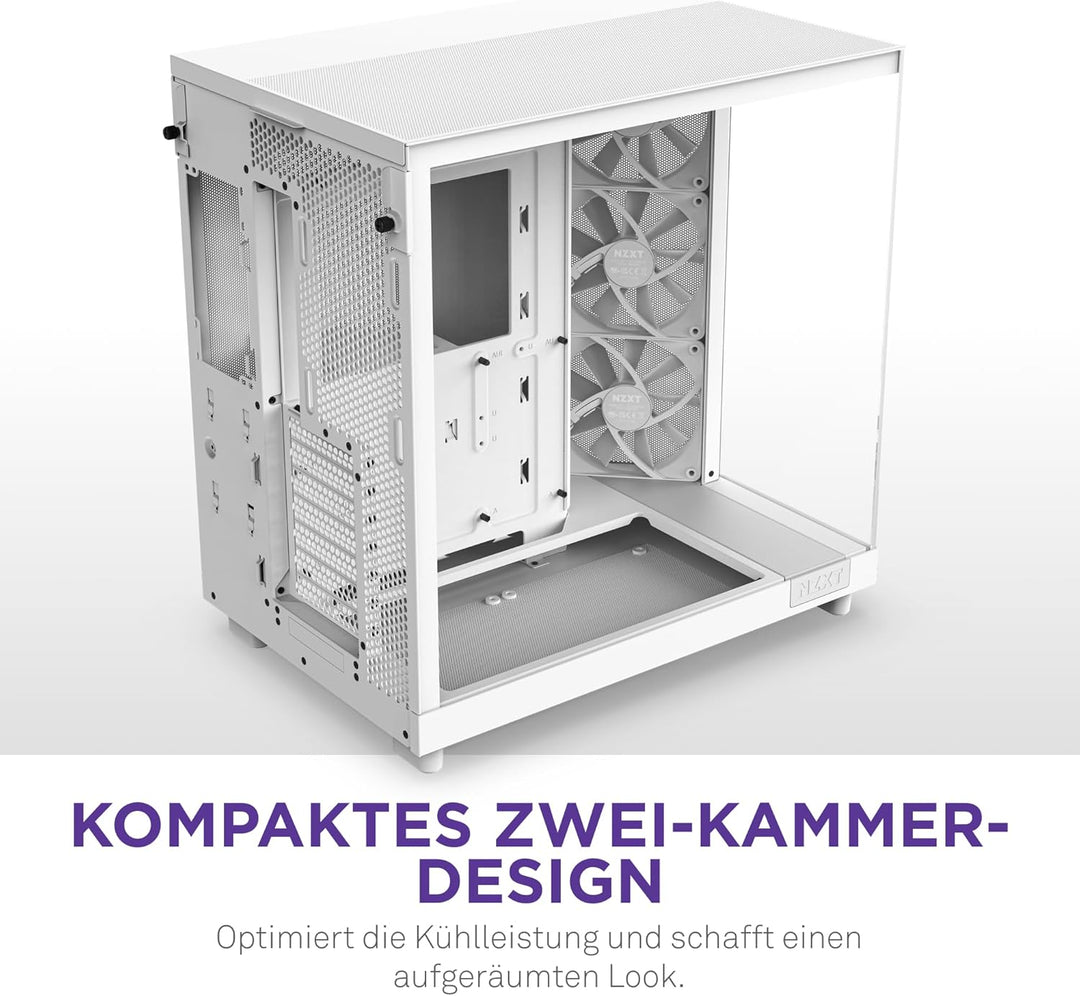 NZXT H6 Flow | CC-H61FW-01 | Kompaktes Mid-Tower Gehäuse mit zwei Kammern | Glaspaneele mit Panorama