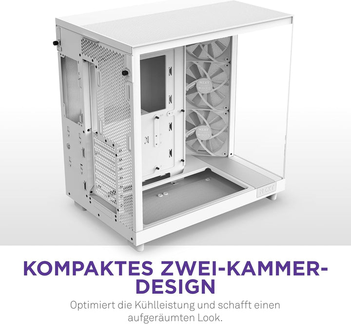 NZXT H6 Flow | CC-H61FW-01 | Kompaktes Mid-Tower Gehäuse mit zwei Kammern | Glaspaneele mit Panorama