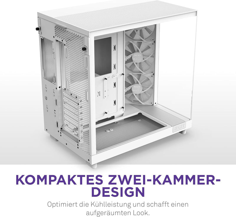 NZXT H6 Flow | CC-H61FW-01 | Kompaktes Mid-Tower Gehäuse mit zwei Kammern | Glaspaneele mit Panorama