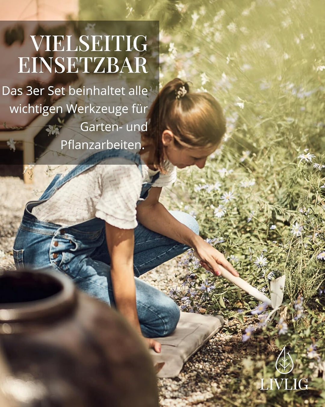 LIVLIG Gartenwerkzeug Set 3-teilig, hochwertige Gartengeräte aus Stahl & Eichenholz Made in Europa,