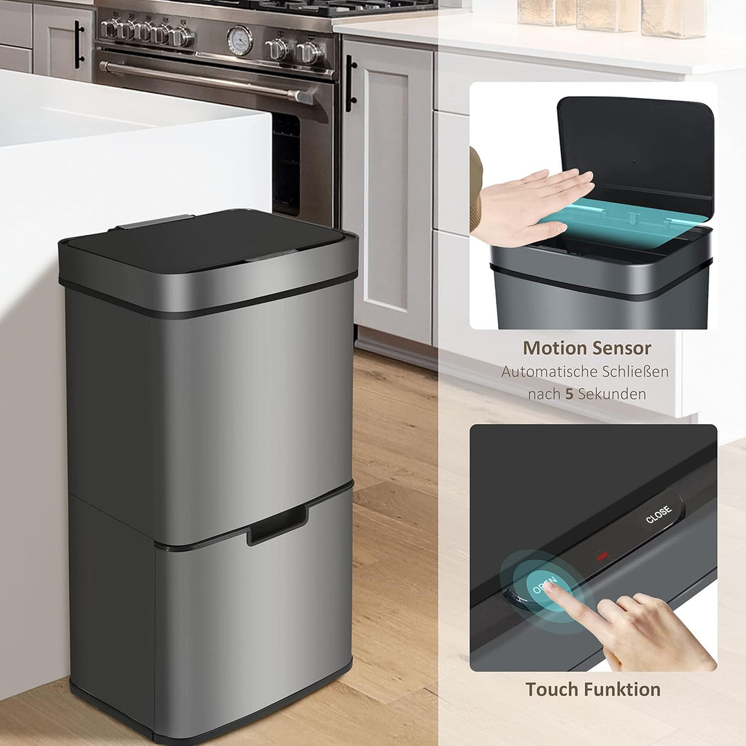 Ribelli Edelstahl - Mülltrennsysteme mit 3+1 Fächer - Mülleimer mit Sensor - 72 Liter (2x12 + 1x48 L