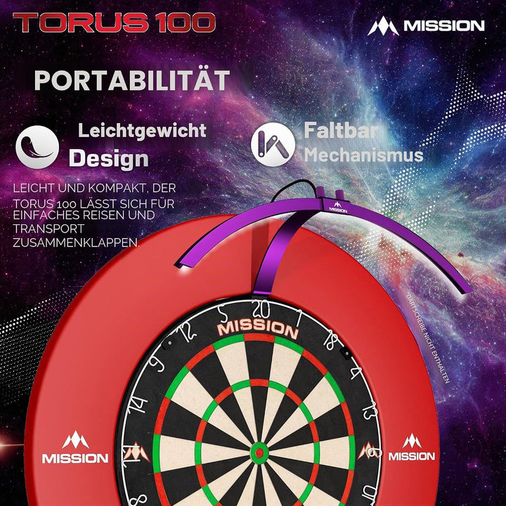 Mission Darts TOR100 Torus 100 | Dartscheibe LED klappbar tragbar Dartscheibe Reise Beleuchtungssyst