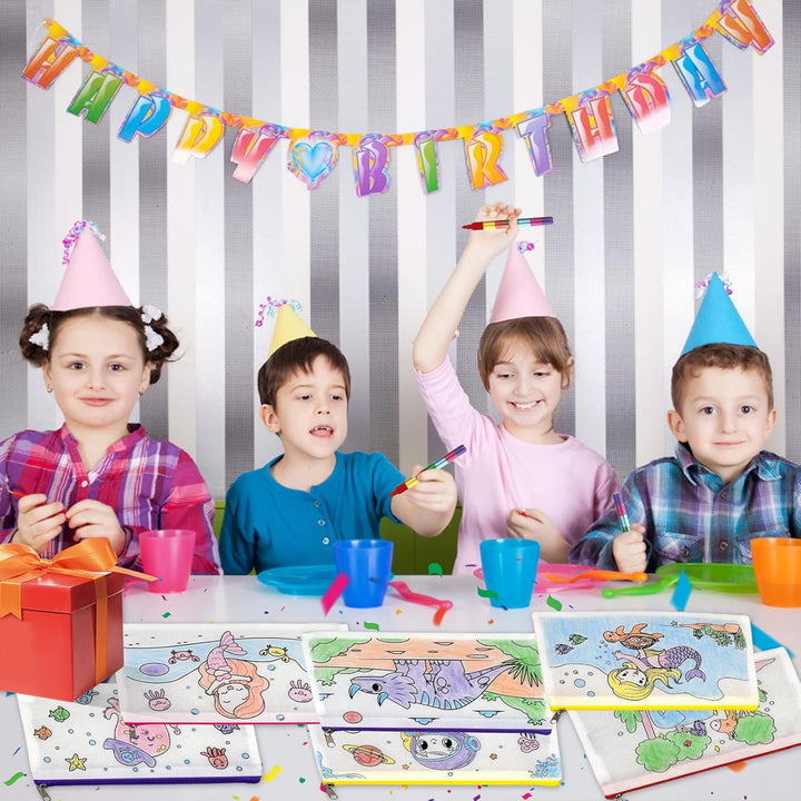 Liangding Kinder Stofftaschen zum Bemalen Set – 12 Taschen mit Reissverschluss & 12 stapelbare Wachs