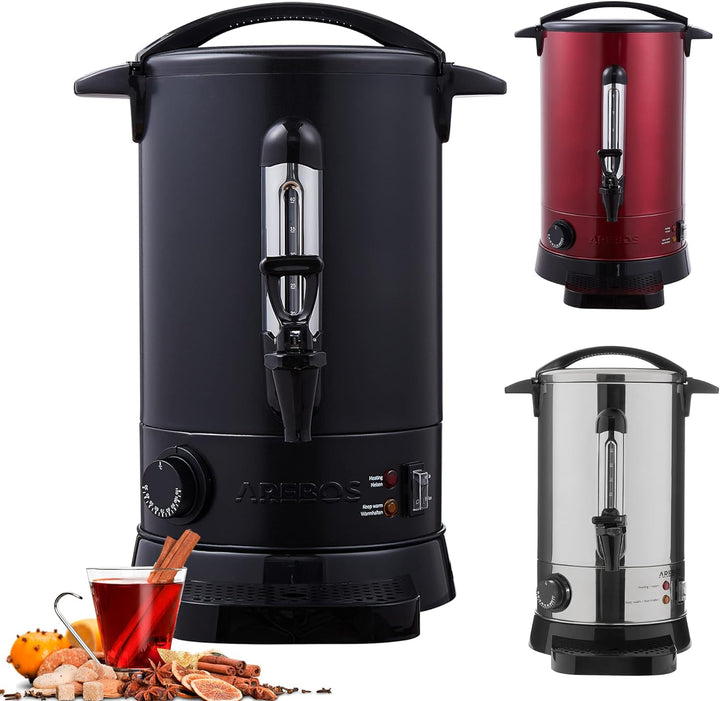 Arebos Glühweinkocher 950 W | Heissgetränkespender | 8,8 L | mit Auffangschale, Auslasshahn, Thermos