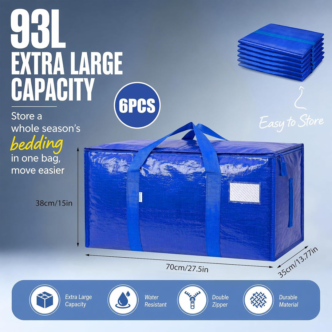 Umzugstaschen 6er-Pack, 93-Liter Faltbare Aufbewahrungstaschen mit Reissverschluss, Heavy-Duty Umzug