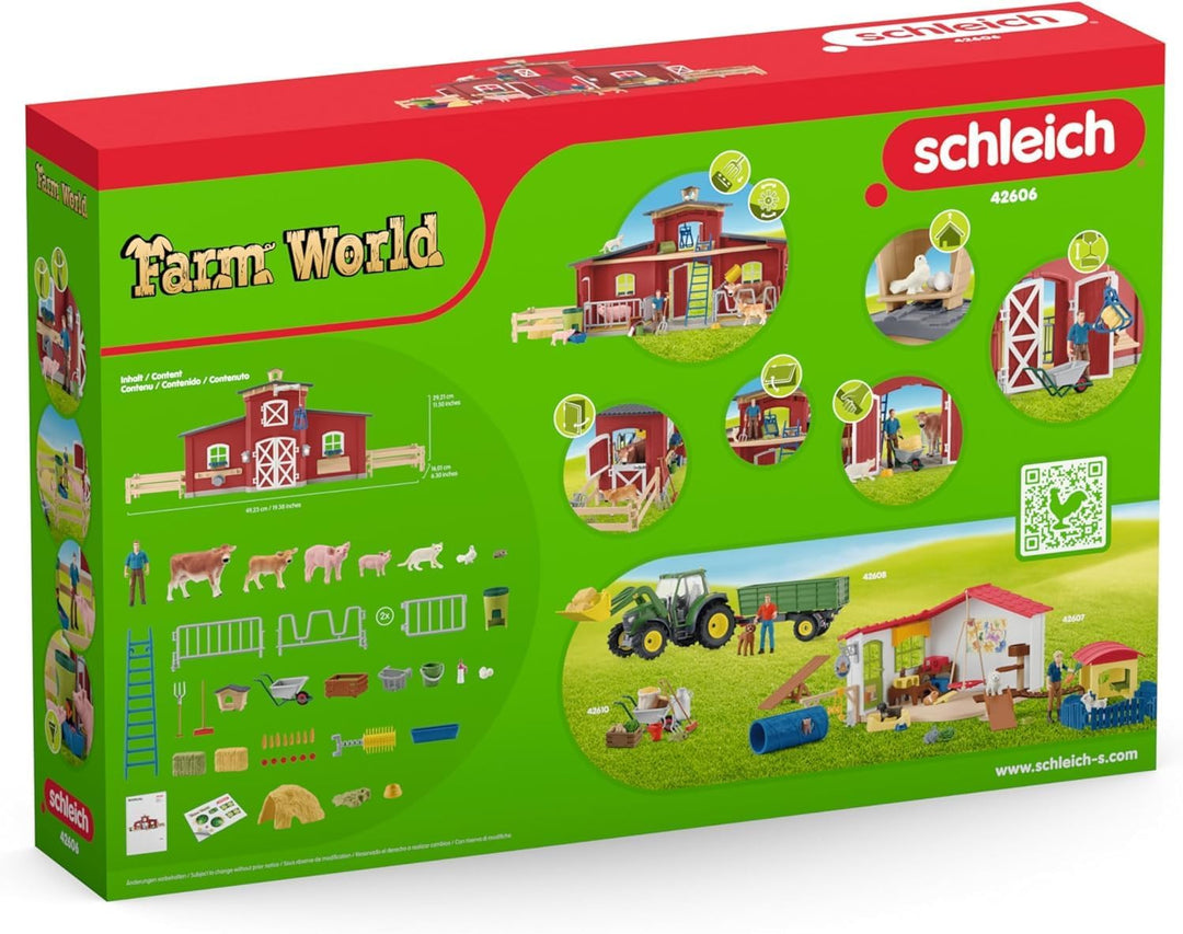 schleich FARM WORLD | Grosse rote Farm mit Bauernhaus 42606 | Set inkl. Haus, Bauer, Kuh, Schwein, K