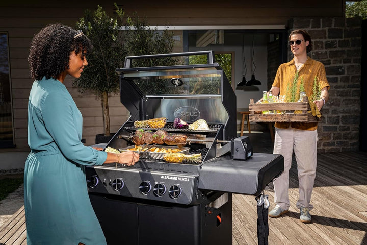 RÖSLE ALLFLAME Drehspiess, Rotisserie-Spiess für Grill, Edelstahl 6-Kant-Spiess bis 10 kg, Elektromo