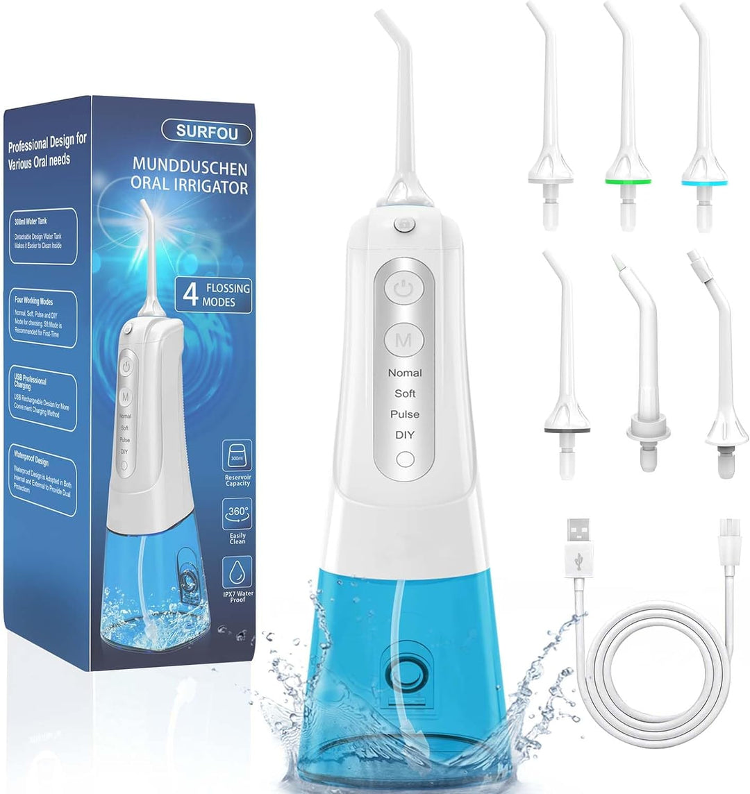 SURFOU Munddusche Kabellos Weihnachten Geschenke Mundduschen 300ML 4 Modi 6 Düsen, Mundduschen Reise