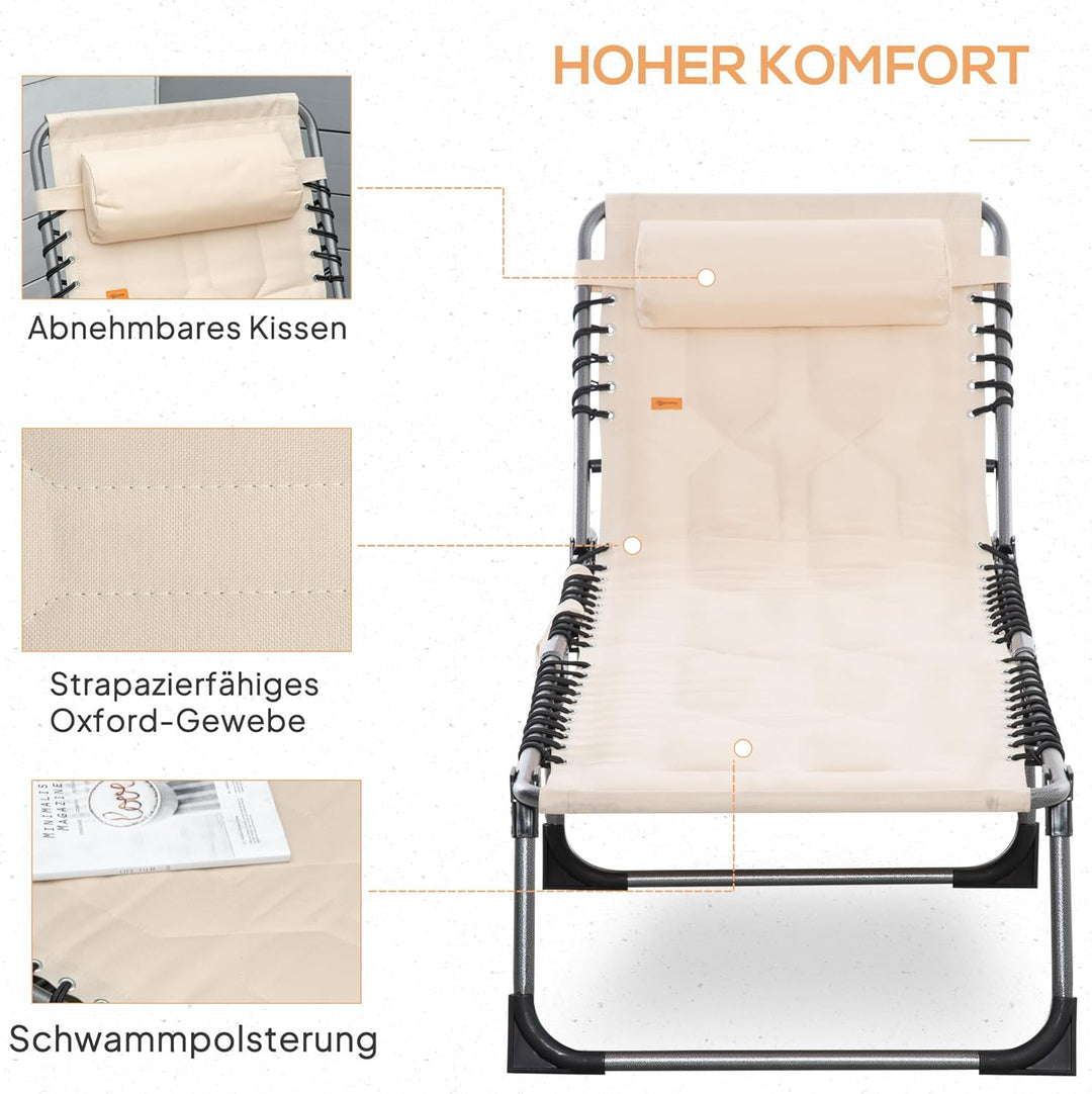 Outsunny Sonnenliege, klappbar Gartenliege mit Kopfkissen, Seitentasche, Liegestuhl mit 5-Fach verst