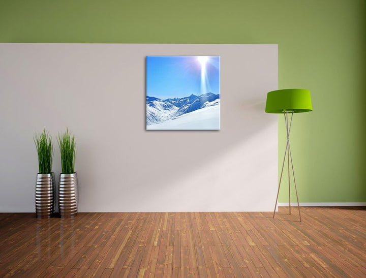 Pixxprint Schnee Berge, Format: 70x70 auf Leinwand, XXL riesige Bilder fertig gerahmt mit Keilrahmen