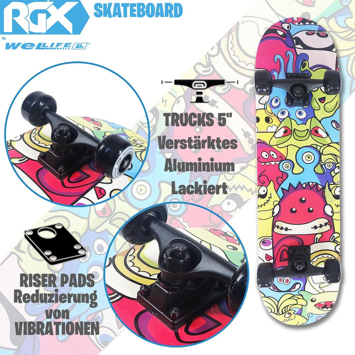 WeLLIFE Skateboard für Anfänger, 80x20cm Holz Skateboard Kinder, Jugendliche Erwachsene,ABEC-9 Kugel