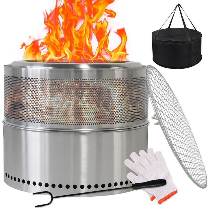 Feuerschale Edelstahl 50cm, Rauchfreie Feuerschale mit Grillrost, Aufbewahrungstasche, Abnehmbarer A