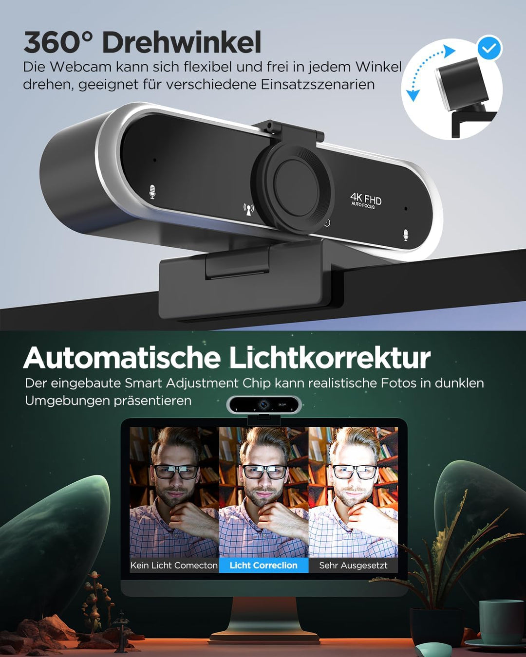 NIVEOLI Webcam 4K mit Mikrofon und Webcam Abdeckung, Stativ, Desktop, für Live-Streaming, Videoanruf