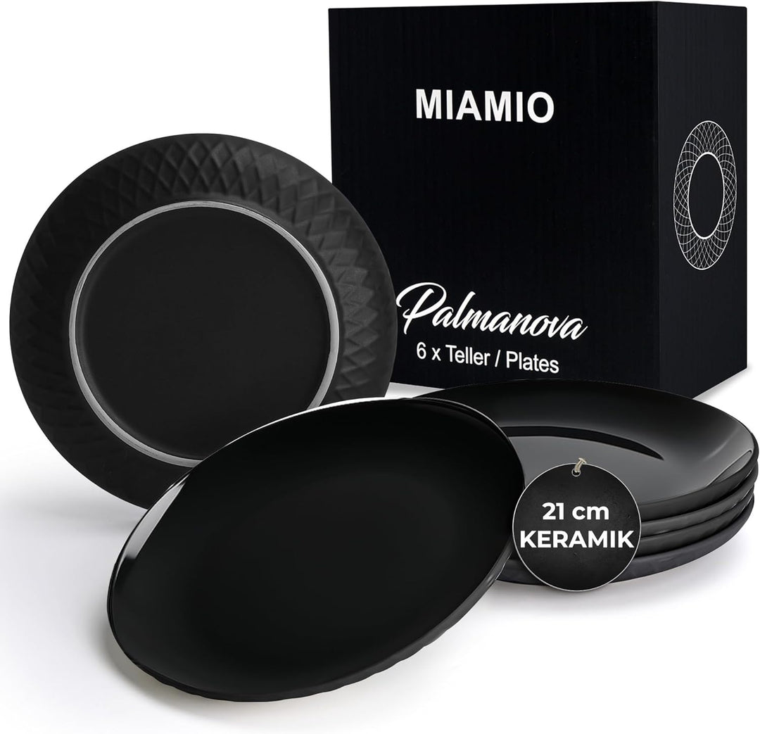 MIAMIO - 6er Geschirrset/Teller Set modern aus Keramik für 6 Personen - Palmanova Kollektion (Schwar