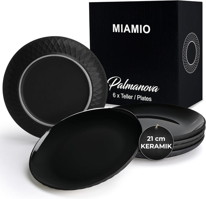 MIAMIO - 6er Geschirrset/Teller Set modern aus Keramik für 6 Personen - Palmanova Kollektion (Schwar