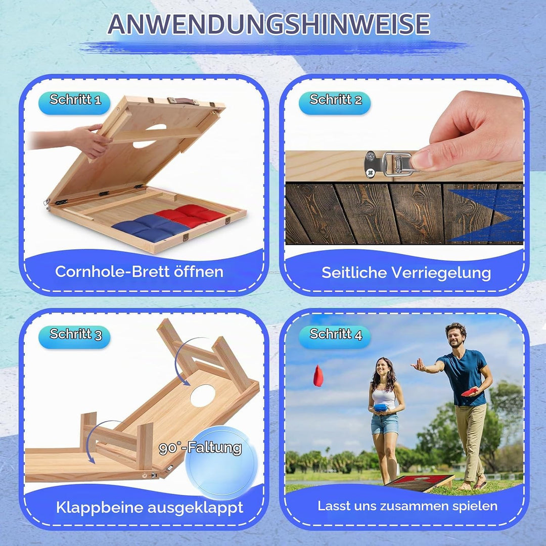 NZQXJXZ Cornhole Spiel Set aus Massivholz – 120 x 55 cm Faltbare Cornhole Bretter mit 8 Sitzsäcken u