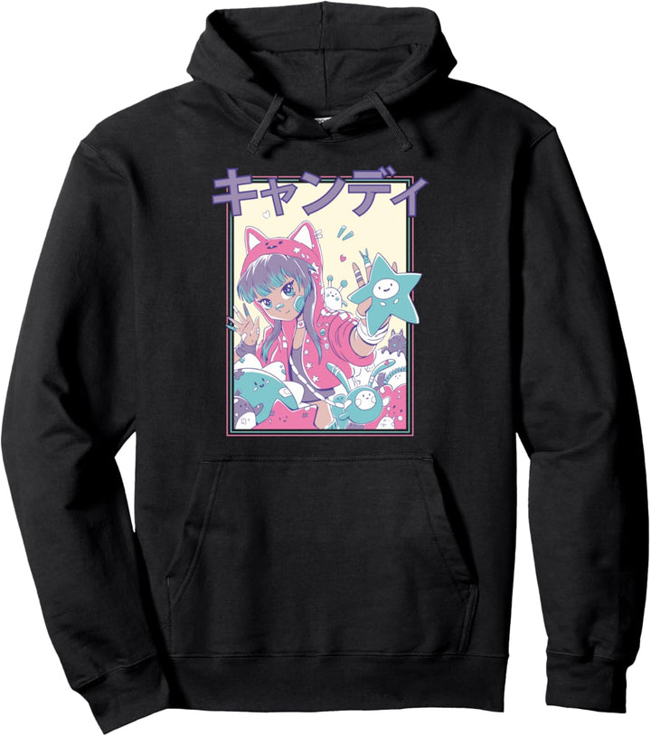 Pastell Anime Mädchen mit Plüsch, süsse japanische Grafik Pullover Hoodie