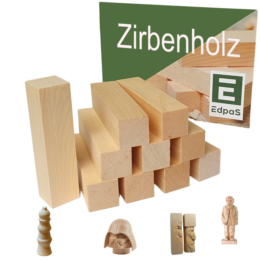 EdpaS Schnitzholz Zirbenholz - 10 Stück Holzblock mit Schnitzvorlage (10x2,5x2,5cm) -schnitzen für K