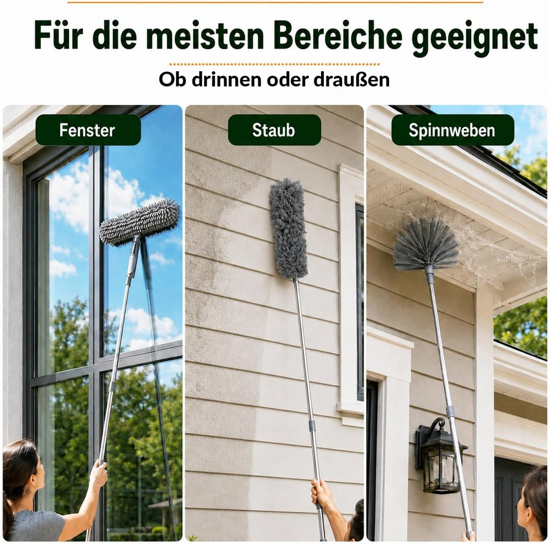 Staubwedel Teleskop 4.2 m, 3-in-1 Reinigungsset mit lang ausziehbarer Teleskopstange, Waschbarem Sta