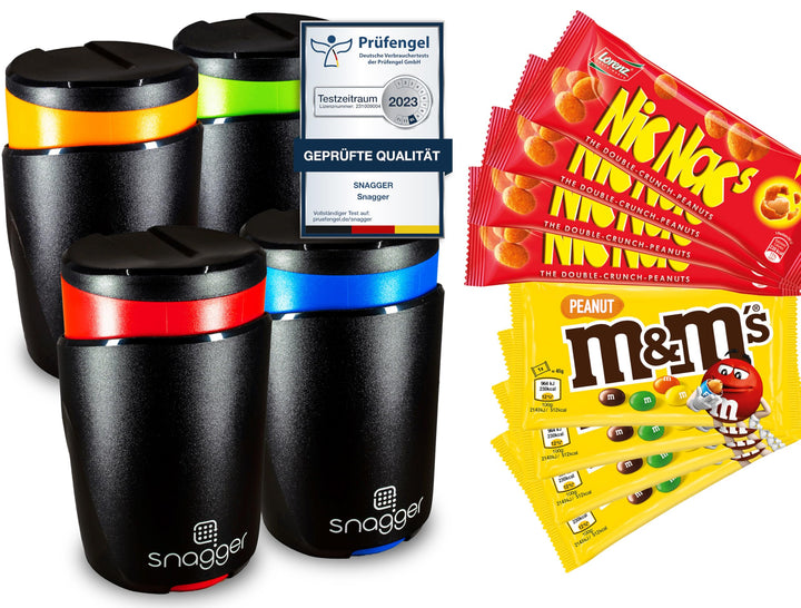 snagger VIERERPACK - Der Snackspender // saubere Hände beim snacken // für Erdnüsse, NicNacs, m&m´s,