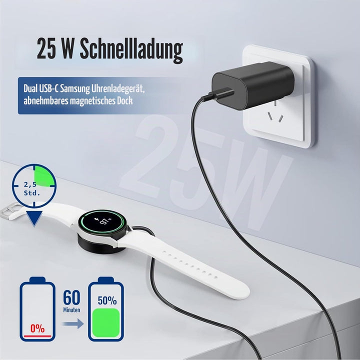 25W Samsung Watch Ladegerät mit Dual-USB-C-Kabel || Super-Schnellladestation für Galaxy Watch 7/6/5/