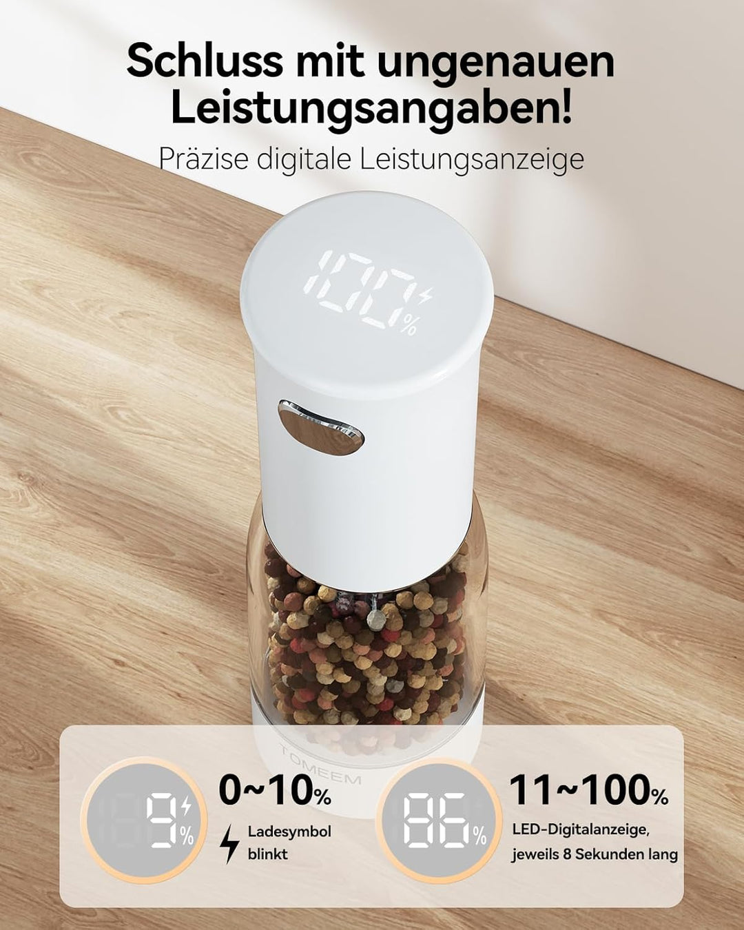TOMEEM Elektrisches Salz- und Pfeffermühlen-Set – wiederaufladbar mit LED-Betriebsanzeige, 5-stufig