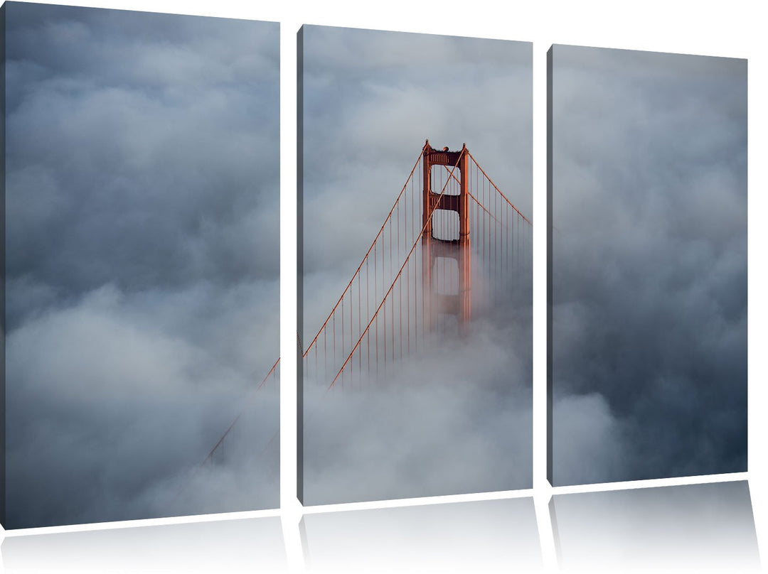 Pixxprint Golden Gate Bridge über den Wolken / 3-Teilig/Gesamtmass 120cm Leinwandbild bespannt auf H