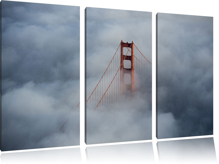 Pixxprint Golden Gate Bridge über den Wolken / 3-Teilig/Gesamtmass 120cm Leinwandbild bespannt auf H