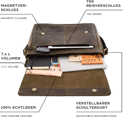 LEABAGS Leder Umhängetasche Herren & Damen I Messenger Bag mit Schultergurt I Echtleder Laptoptasche