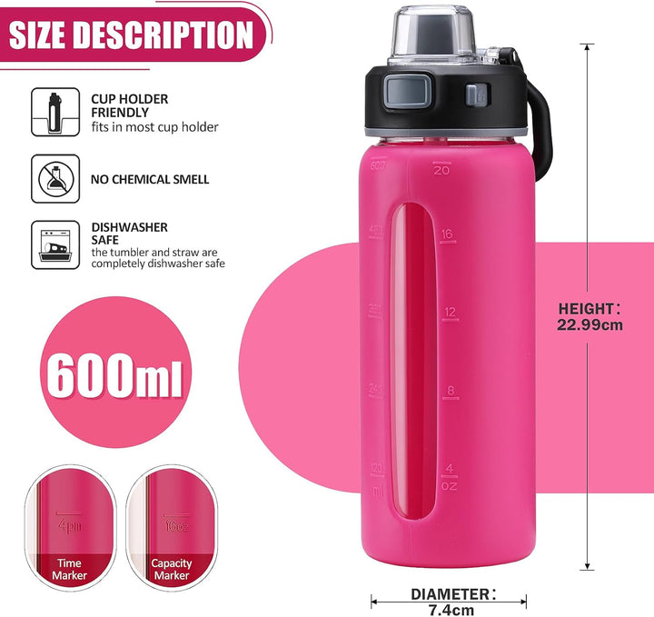 BLUEGO 600ml Glas Wasserflasche mit 2 Deckeln- One-Touch Verschlussdeckel und Griffdeckel Wiederverw