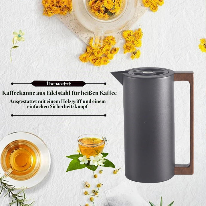 Thermoskanne Kaffeekannen Edelstahl Vakuum Isolations, Mit Holzgriff Und Einfachem Sicherheitsdruckk