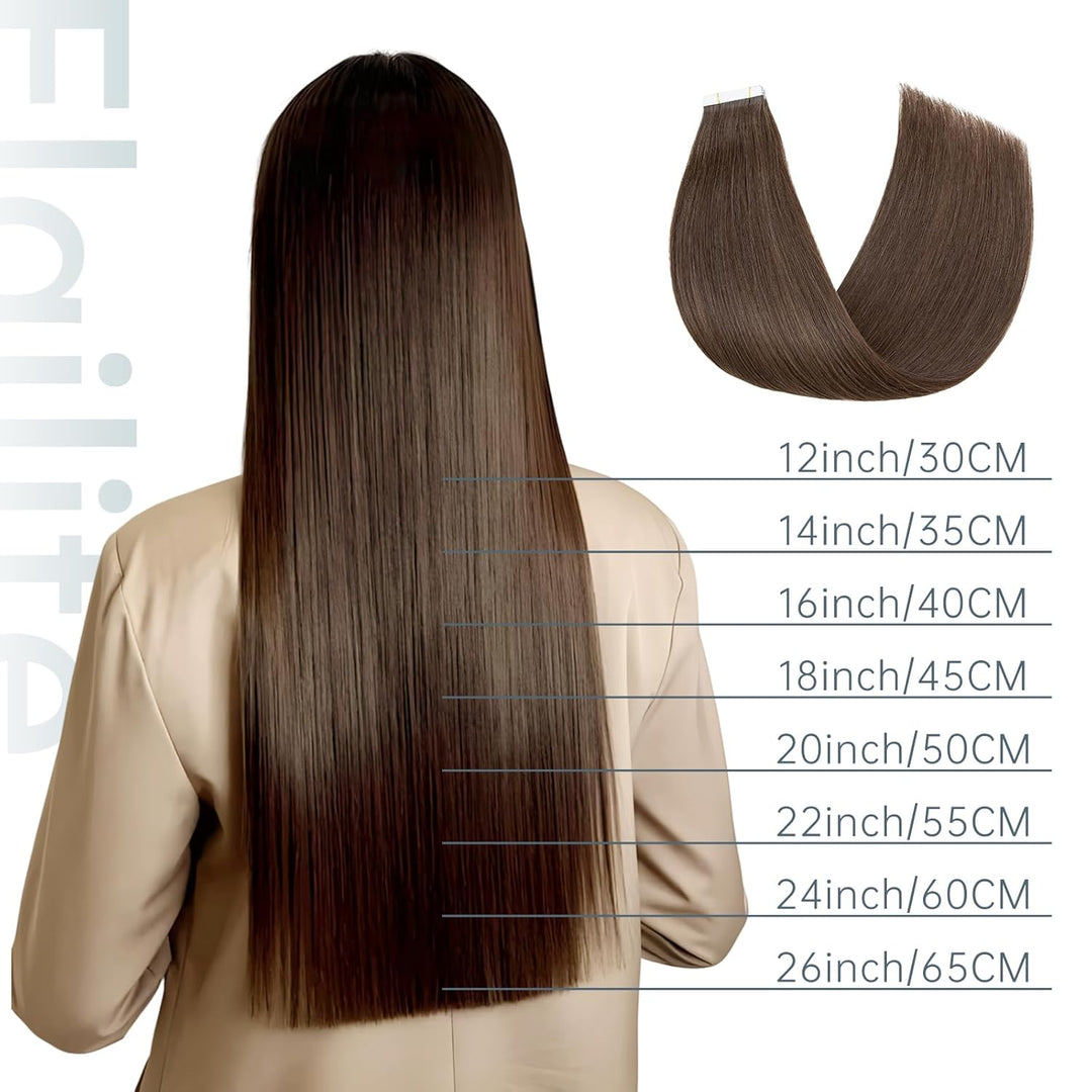 Elailite Echthaar Extensions Tape in 20 Stück Kleberband #2A Leberbraun, 40cm Haarverlängerungen Uns