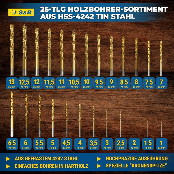S&amp;R Holzbohrer-Set, Dübelbohrer-Satz 25-tlg 1-13 mm, Industriequalität, HSS-G 4241 Stahl, TiN-Beschi