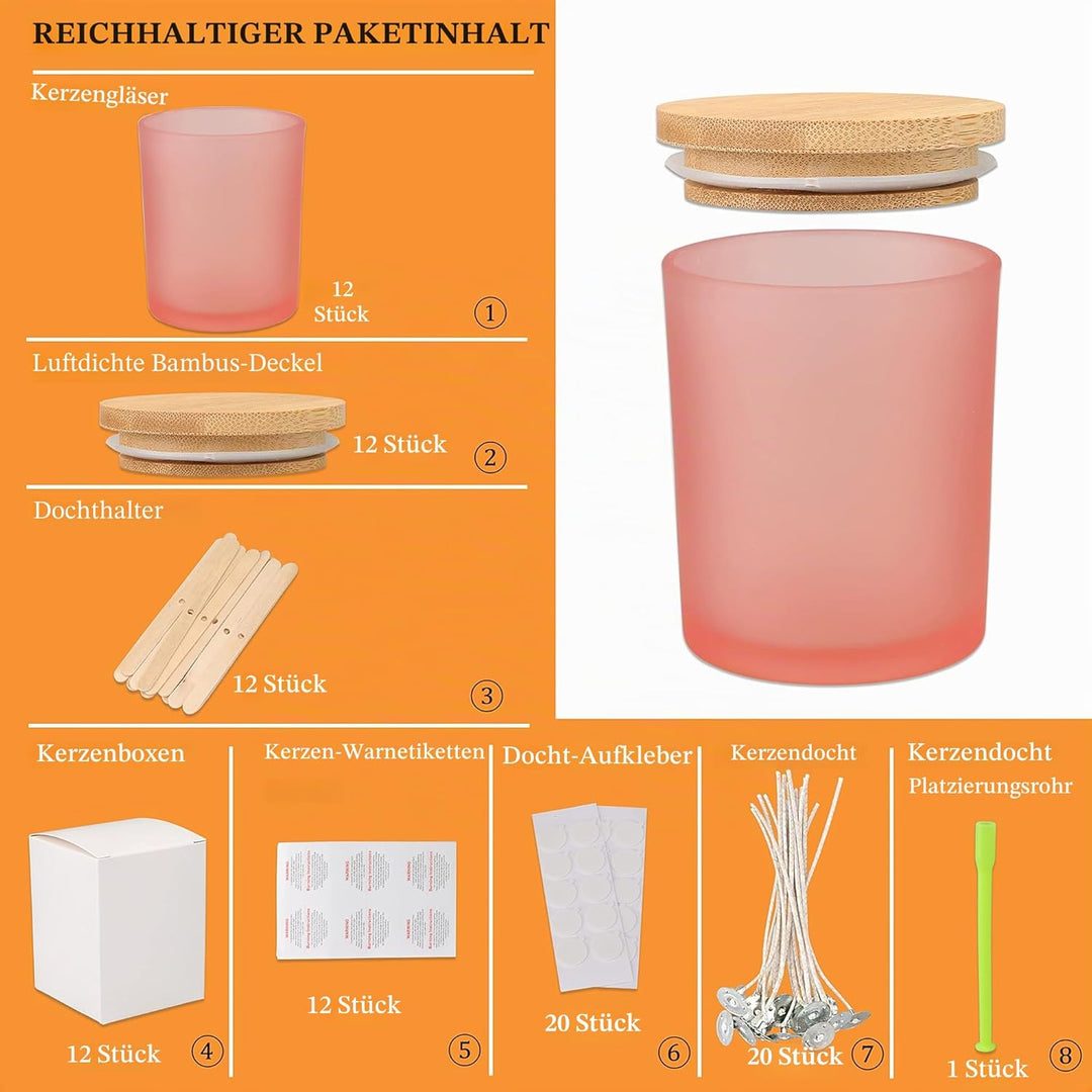 MILIVIXAY 12 Stück 340 ml mattrosa Glaskerzengläser mit Deckel und Kerzenherstellungs-Kits – leere K