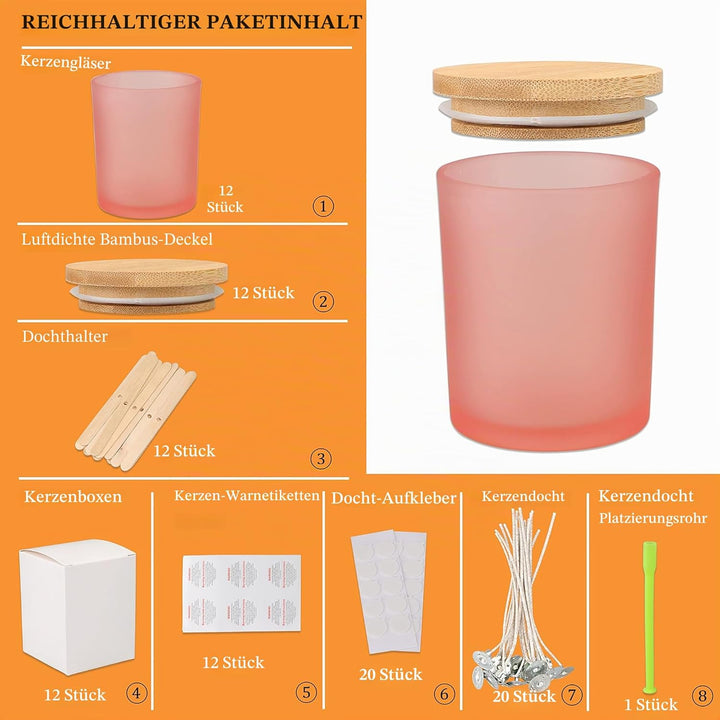 MILIVIXAY 12 Stück 340 ml mattrosa Glaskerzengläser mit Deckel und Kerzenherstellungs-Kits – leere K