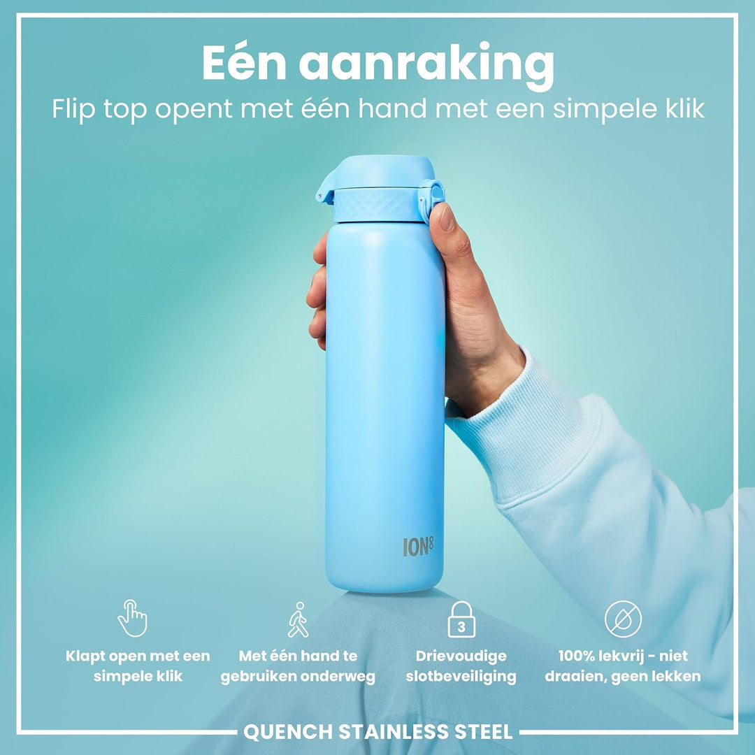 Ion8 1 Liter Edelstahl Trinkflasche, Auslaufsicher, Einhandöffnung, Sichere Verriegelung, Spülmaschi