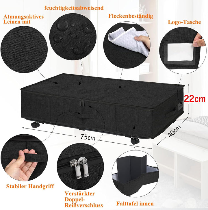 JUPELI 2 Stück Unterbettkommode mit Rollen, 50L Faltbare Unterbett Aufbewahrungsbox, Bettkasten Aufb