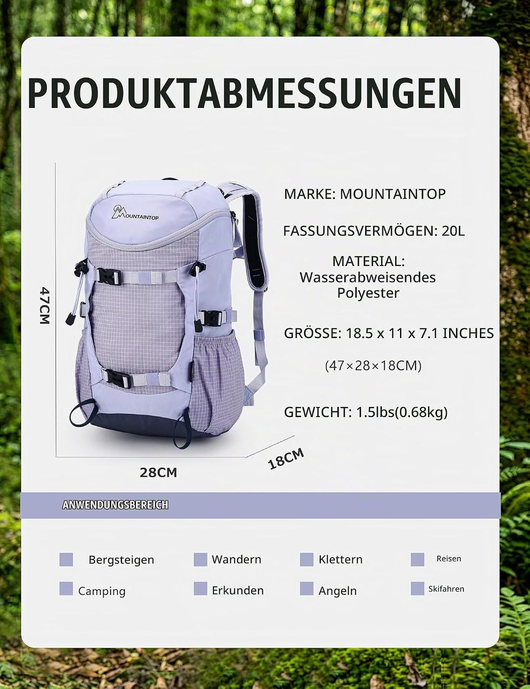 Mountaintop 20L Wanderrucksack Herren Damen Trekkingrucksack Reiserucksack Outdoor Rucksack Trekking