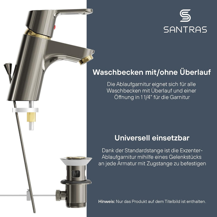 SANTRAS® Exzenter Ablaufgarnitur PREMIUM für Waschtisch mit Schutz vor Überlauf in Aranja/Gold – Kom