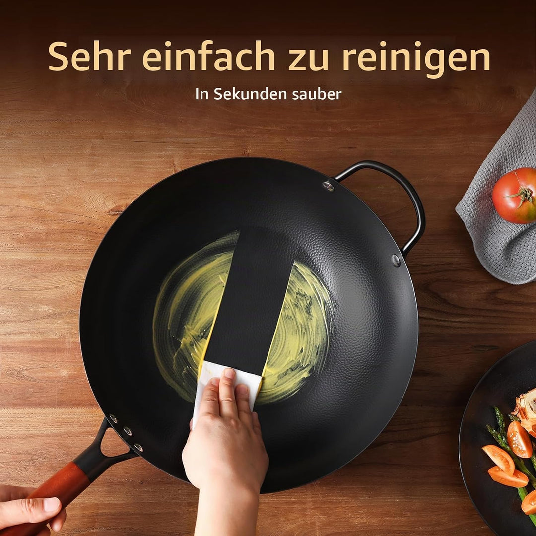Kordisen 32 cm Wok aus Kohlenstoffstahl mit Deckel, flacher Boden, natürlich antihaftbeschichtet, ge