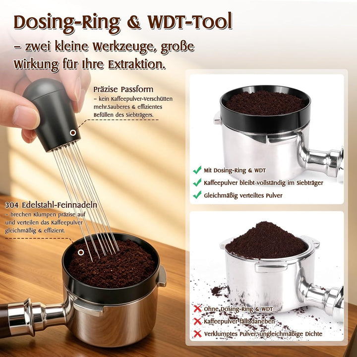 51mm Espresso Zubehör Set 8 teilig mit Holz-Tamperstation, Tamper, WDT Tool, Dosing Ring, Verteiler,