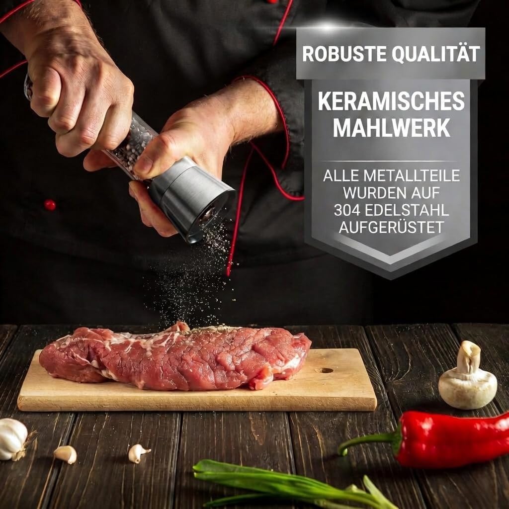 Hochwertiges Set aus Salzmühle und Pfeffermühle von HOME EC - Eistellbare Seesalzmühle & Pfeffermühl
