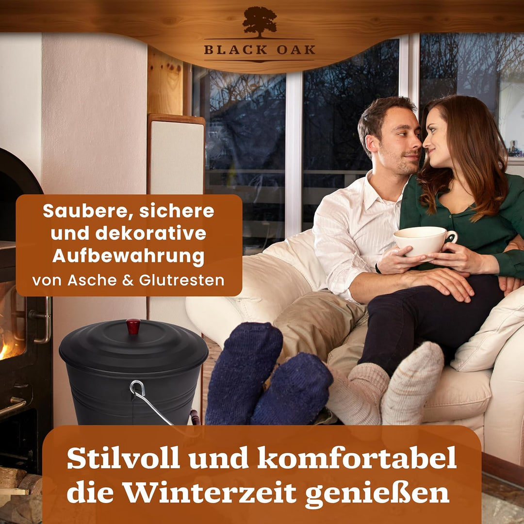 BLACK OAK Ascheeimer KATLA 15L – schwarz Deckel mit Holzknopf - gross 15 Liter - Stahl feuerfest ver